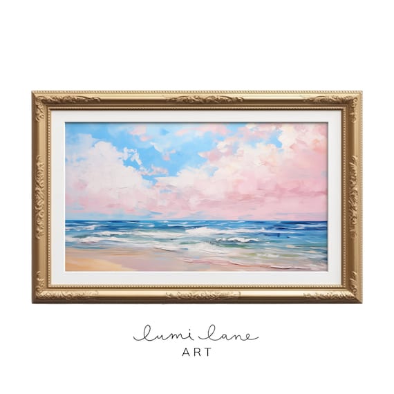 Coastal Dream Pink Clouds Blue Ocean Bright Beach Seascape Art Poster