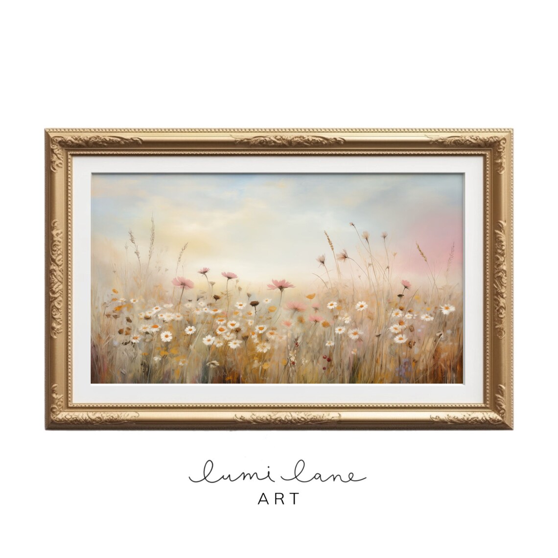 Wildflower Field Daisies Pink Cosmos Golden Grass Meadow Wall Art