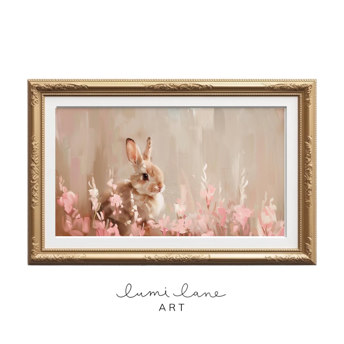 Bunny Among Pink Flowers Soft Oil Painting Spring Rabbit Art Poster