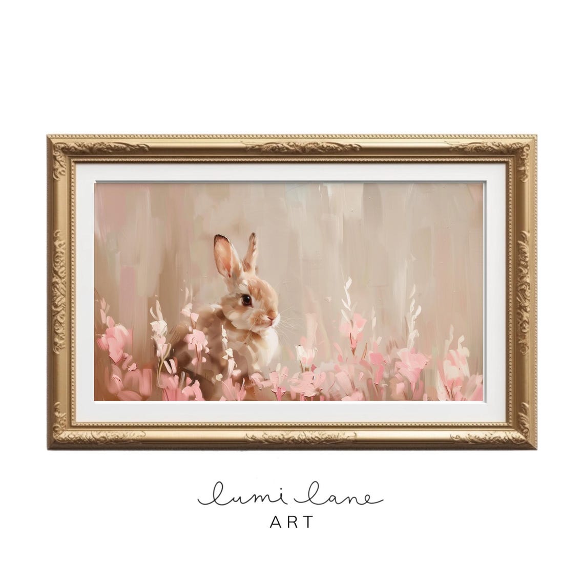 Bunny Art Pretty Pink Oil Painting Texture Easter In Spring Flowers Cute Rabbit Print Frame Tv Neutral