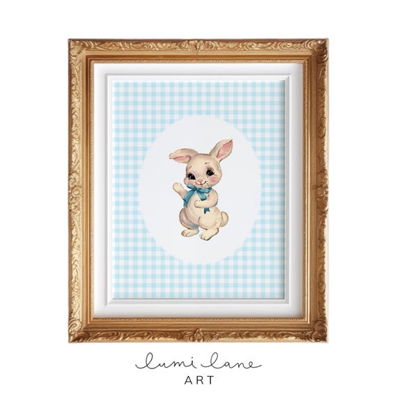 Gingham Bunny Art Blue Pink Yellow And Green Nursery Wall Cute Vintage Style Adorable Kitsch Rabbit Print