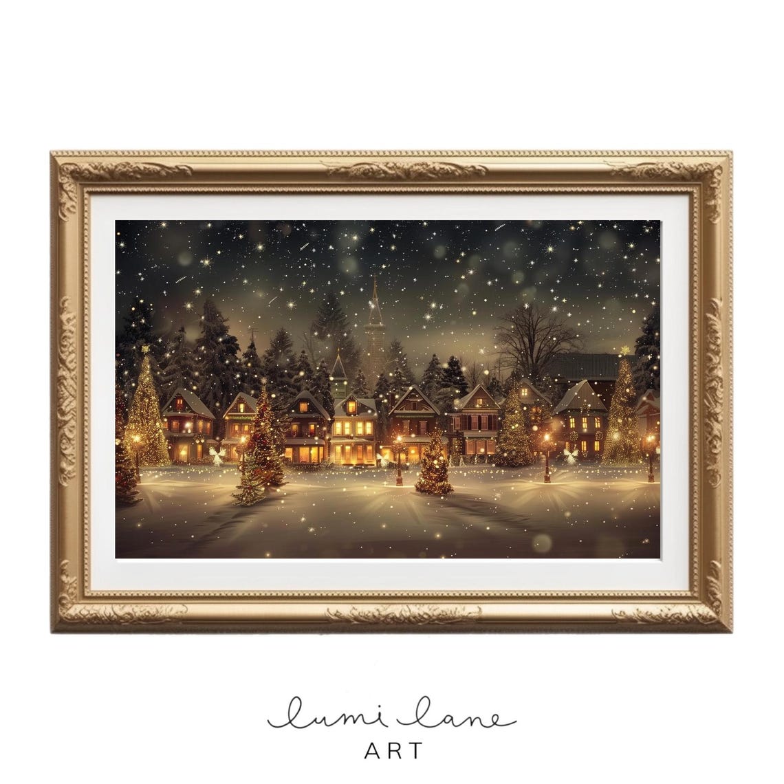 Snowy Christmas Village at Night Golden Lights Festive Holiday Poster