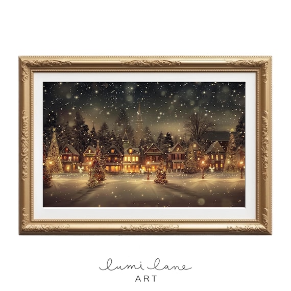 Snowy Christmas Village at Night Golden Lights Festive Holiday Poster