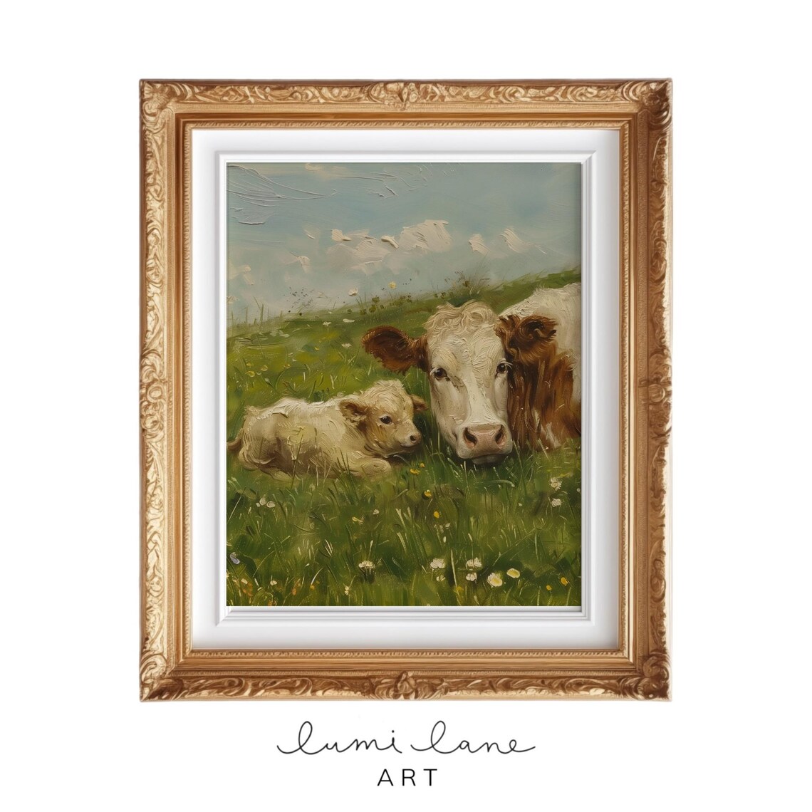 Cow And Calf Farmyard Vintage Oil Painting Rustic Country Poster