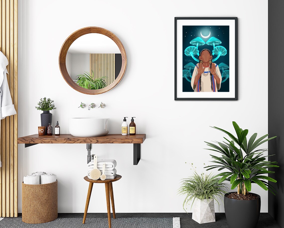 Spiritual Shaman Woman Glowing Mushrooms Moonlight Magic Poster - Image 2