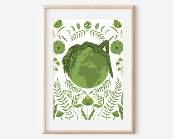 Green Earth Illustration, Ethereal Spiritual Wall Art Print