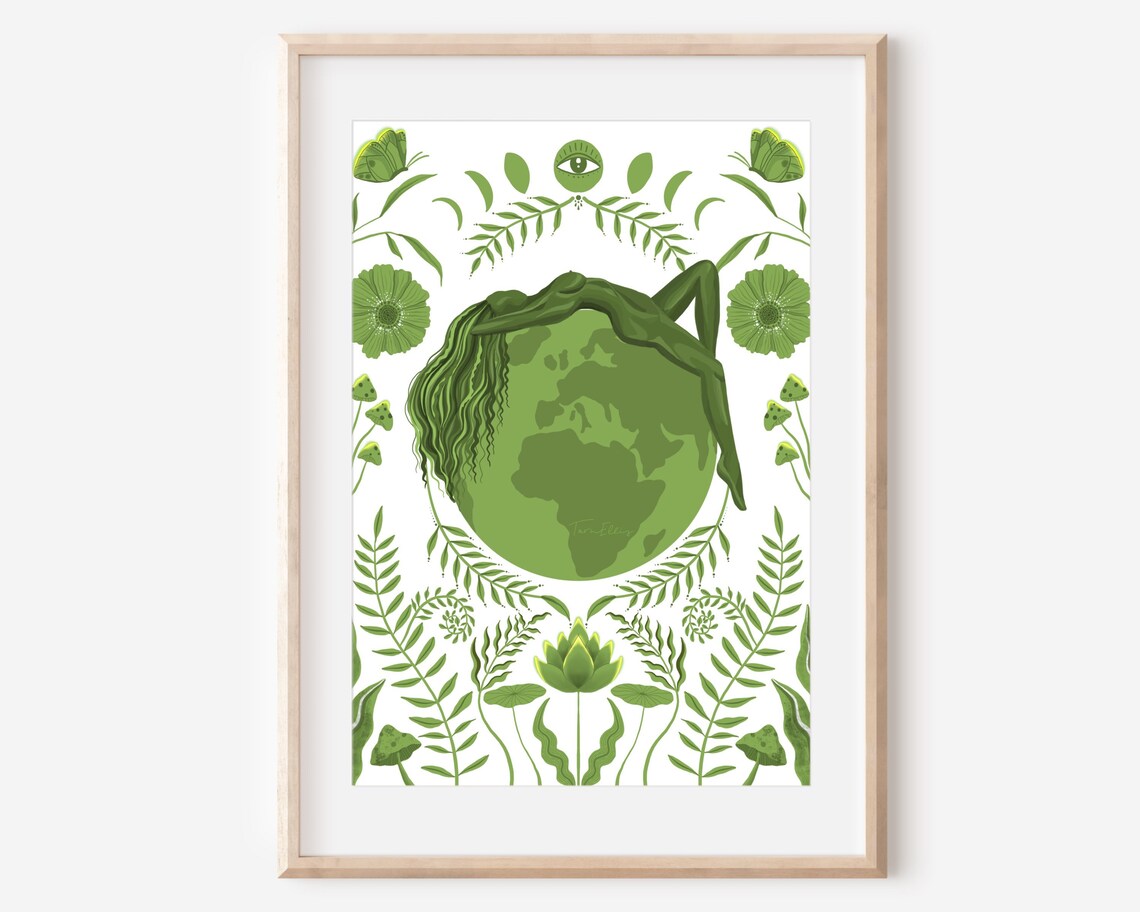 Green Earth Illustration, Ethereal Spiritual Wall Art Print