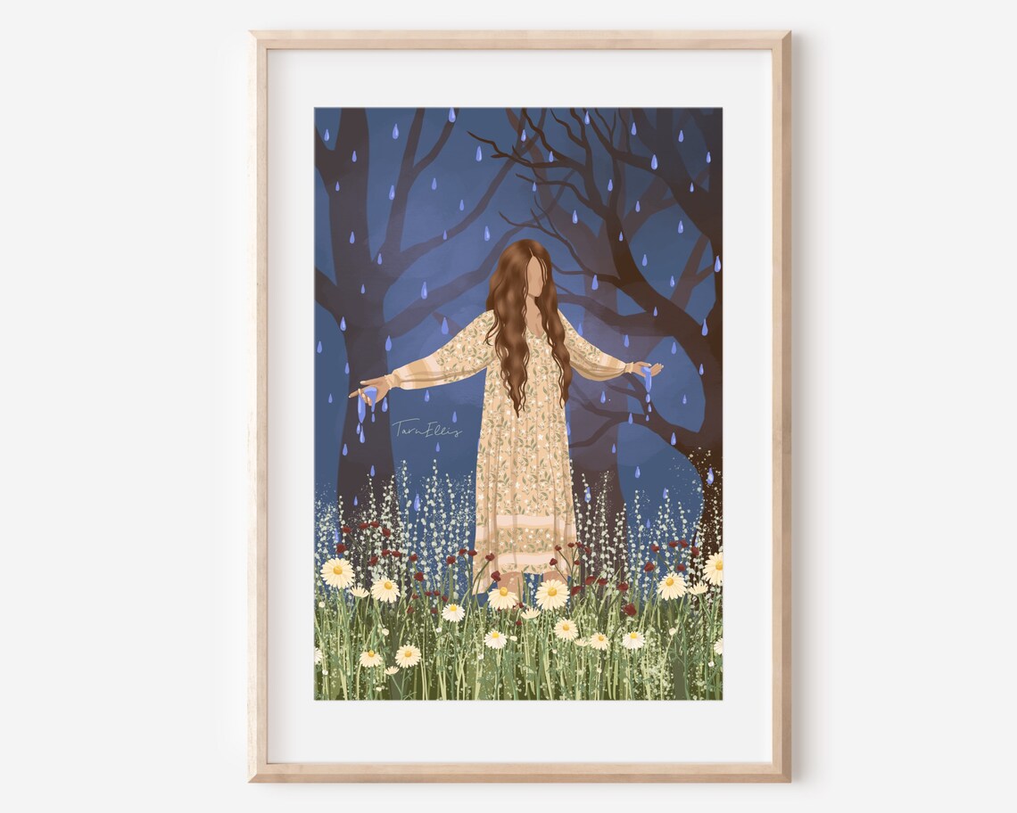 Rain And Renewal Woman In Wildflower Meadow Moonlit Night Poster