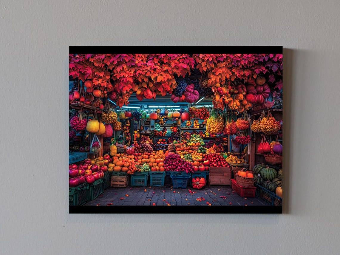 Autumn Harvest Market Vibrant Produce Stall Fall Foliage Art Poster