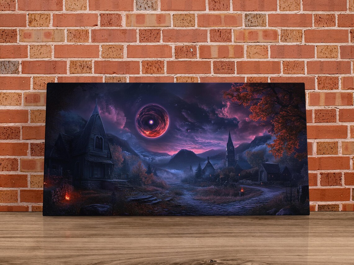 Haunted Village Under Bad Moon, Halloween Art