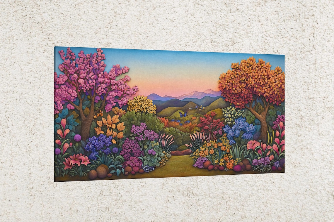 Vibrant Garden Sunset Blossom Trees Colorful Flower Art Poster - Image 2