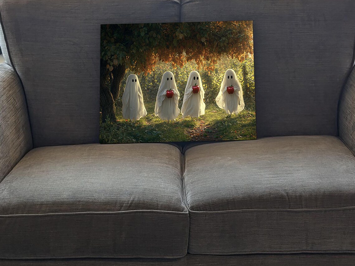 Cute Ghosts Holding Apples In Orchard - Halloween Art - Image 5