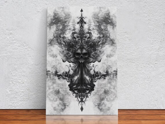 Black Ink Skull Smoke Symmetrical Gothic Dark Abstract Art Poster
