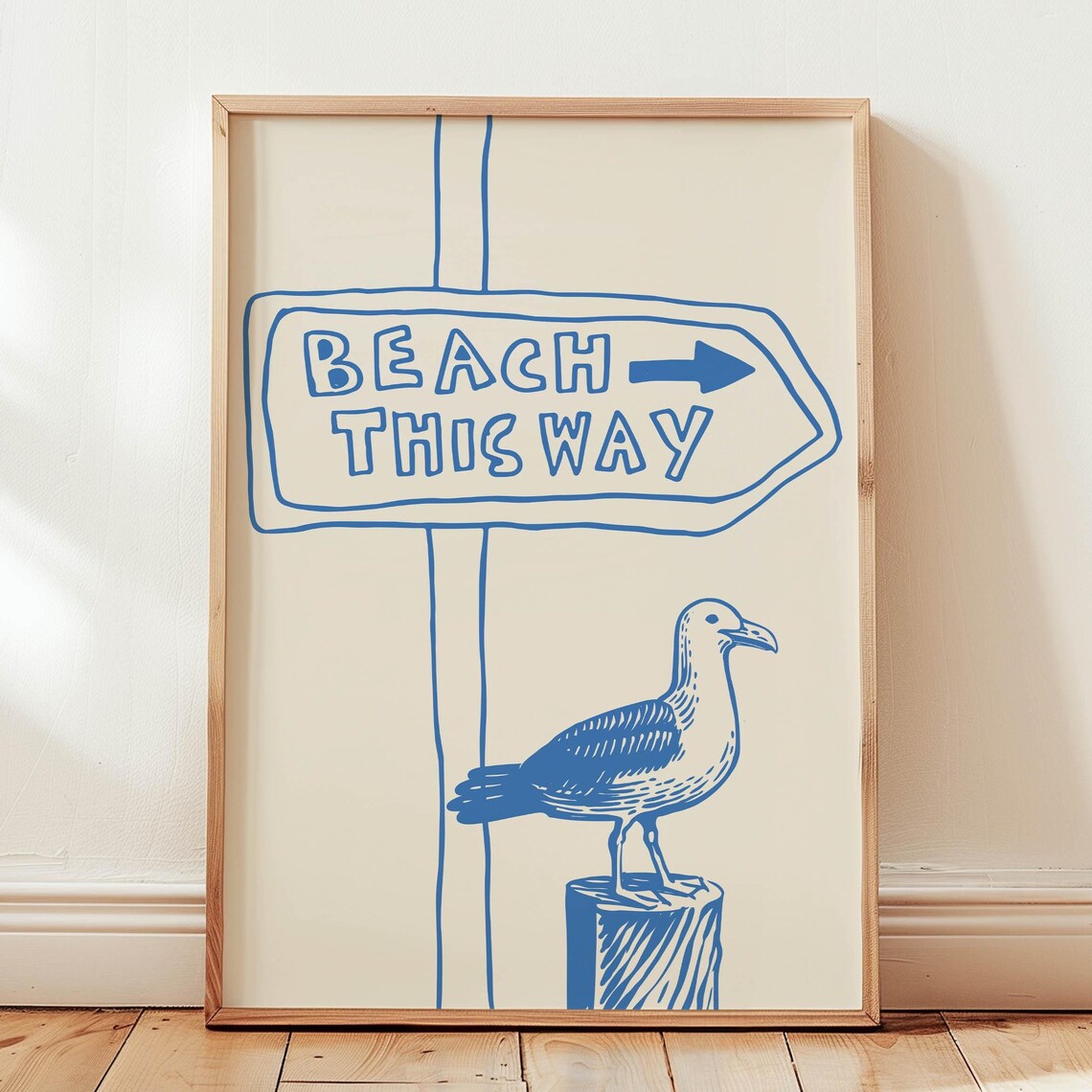 Beach This Way Blue Seagull Sign Retro Coastal Art Decor Poster