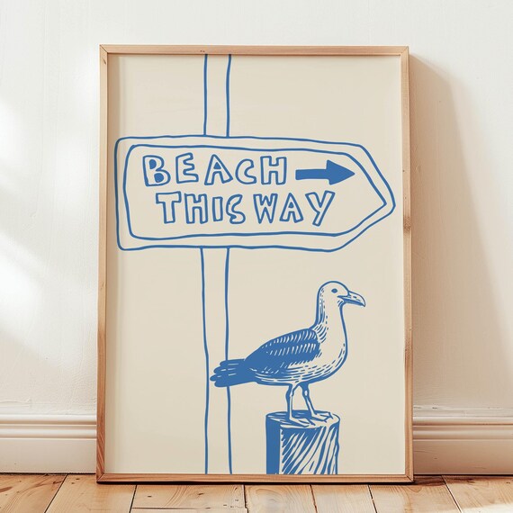 Vintage Beach Poster Beach Wall Art Trendy Home Decor Seagull Print Coastal Decor Retro Print Cute Quote Print Blue Beachy Decor Art