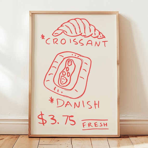 Croissant Art Print Trendy Kitchen Wall Art Croissant Poster Retro Kitchen Print French Food Wall Art Vintage Food Art Art Red