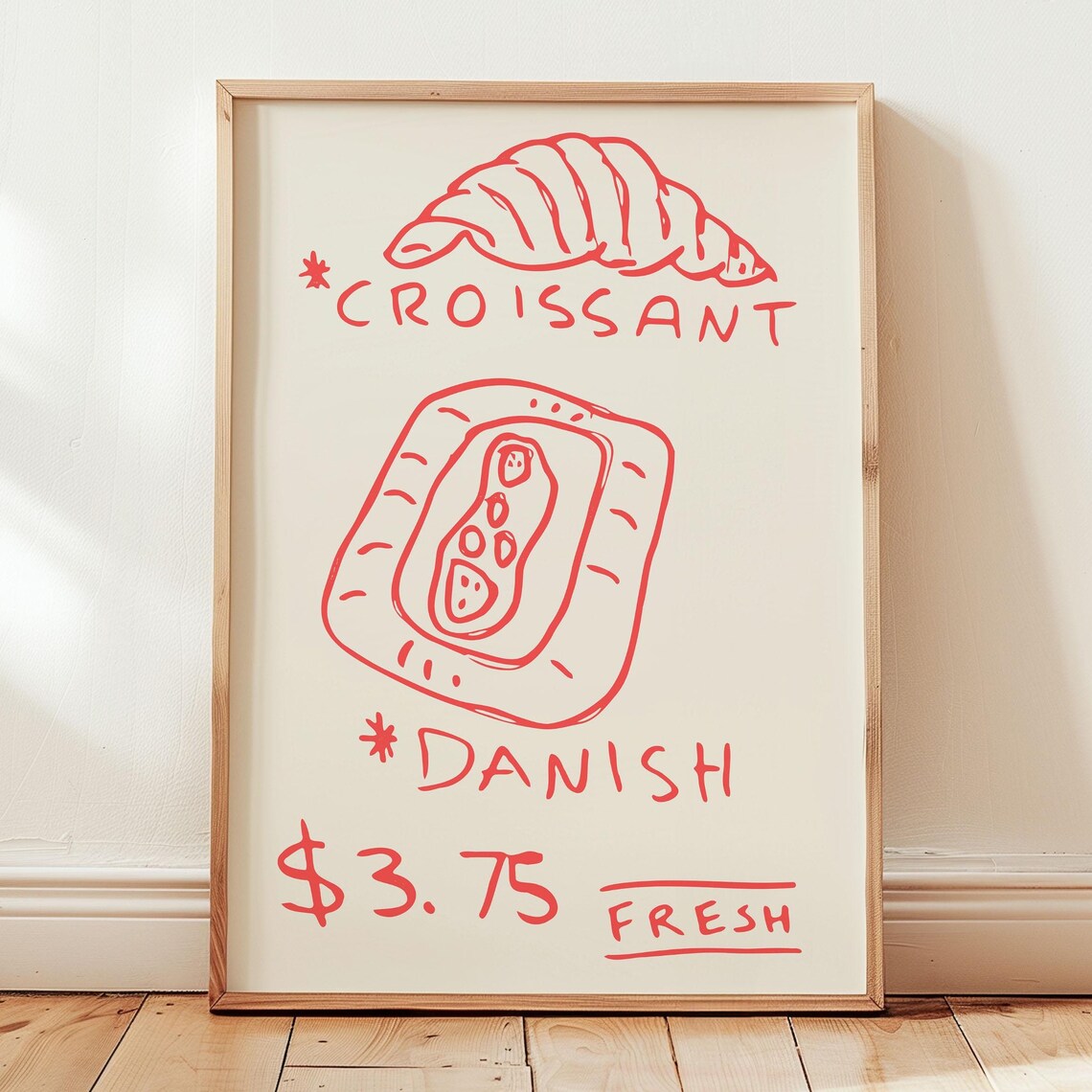 Red Hand Drawn Croissant Danish Cafe Menu Fresh Pastry Poster