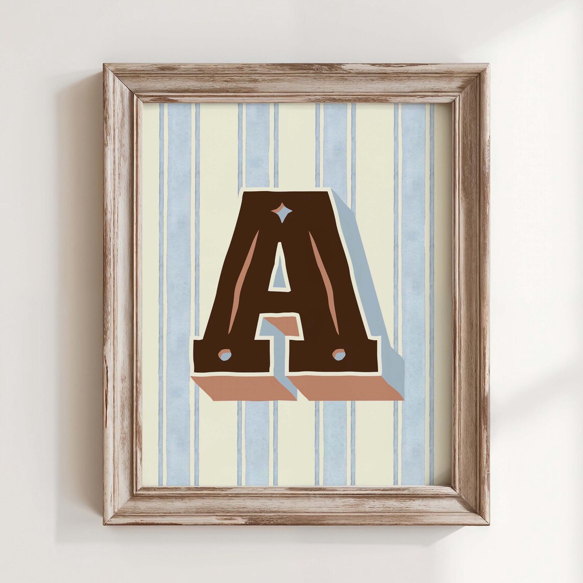 Brown And Blue Letter A Striped Print Instant Wall Art Retro Typography Initial Monogram Preppy Nursery Decor