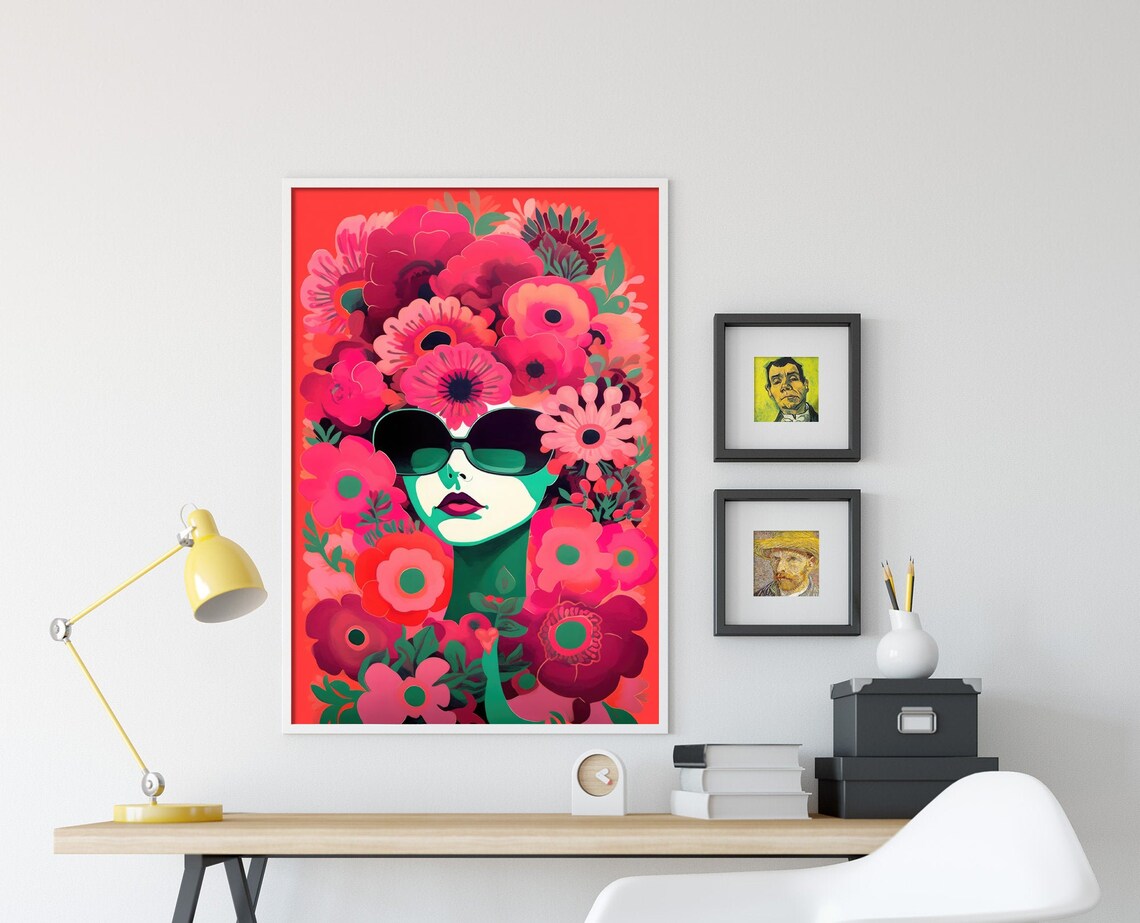 Pop Art Woman Face in Pink Flowers Sunglasses Bold Floral Poster - Image 4