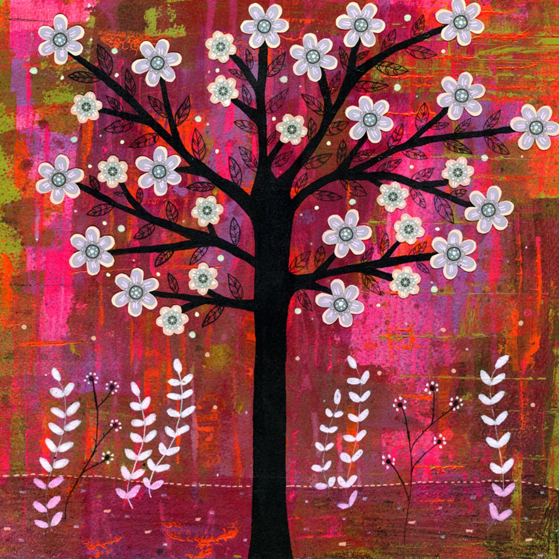 White Blossom Tree Silhouette Glowing Against a Fiery Sunset Poster