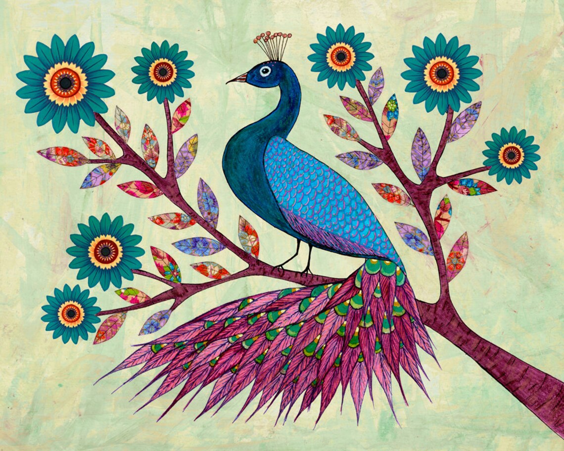 Peacock Perched on Branch with Teal Flowers Decorative Folk Art Poster