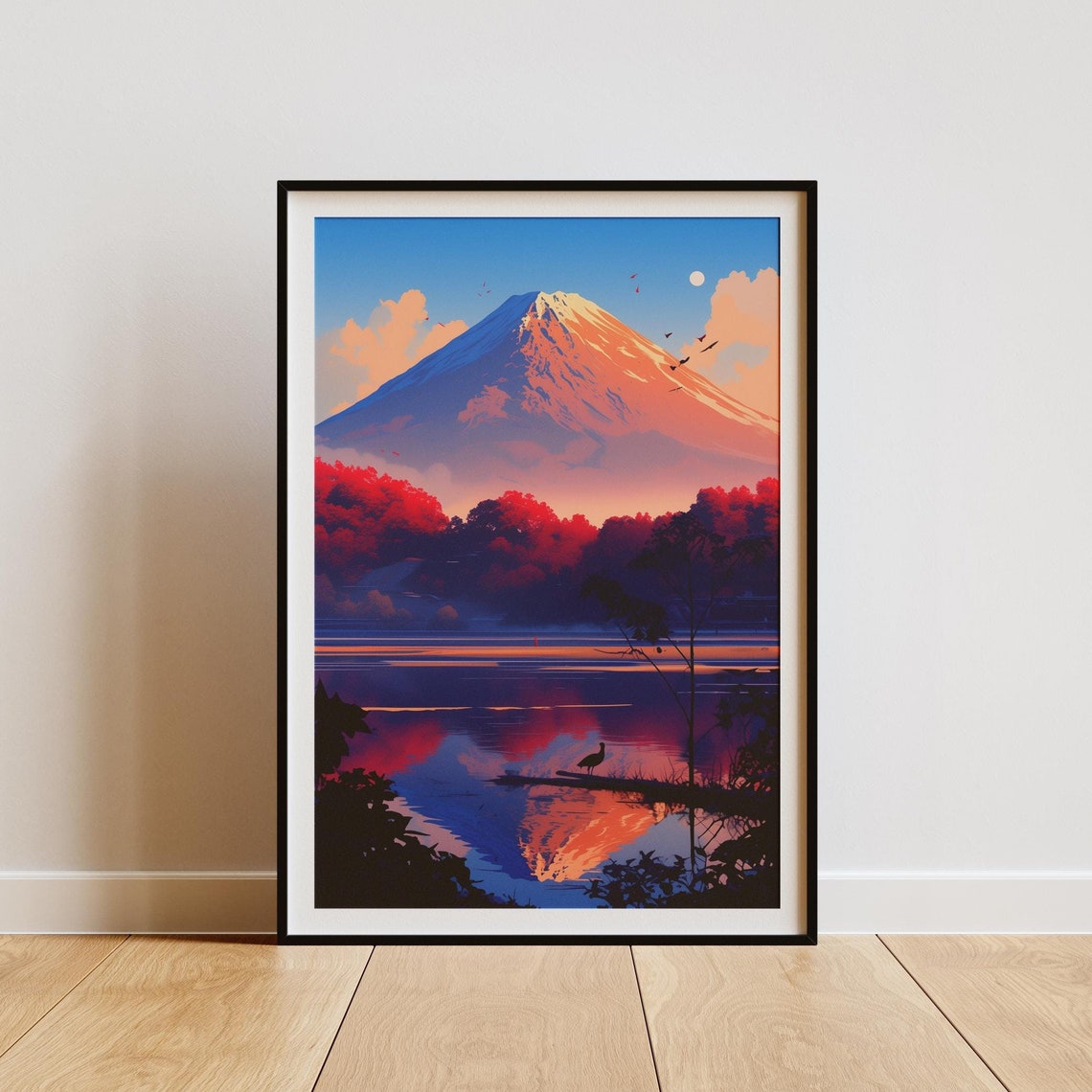 Mount Fuji Sunrise Reflection Over Mirror Lake Anime View Poster