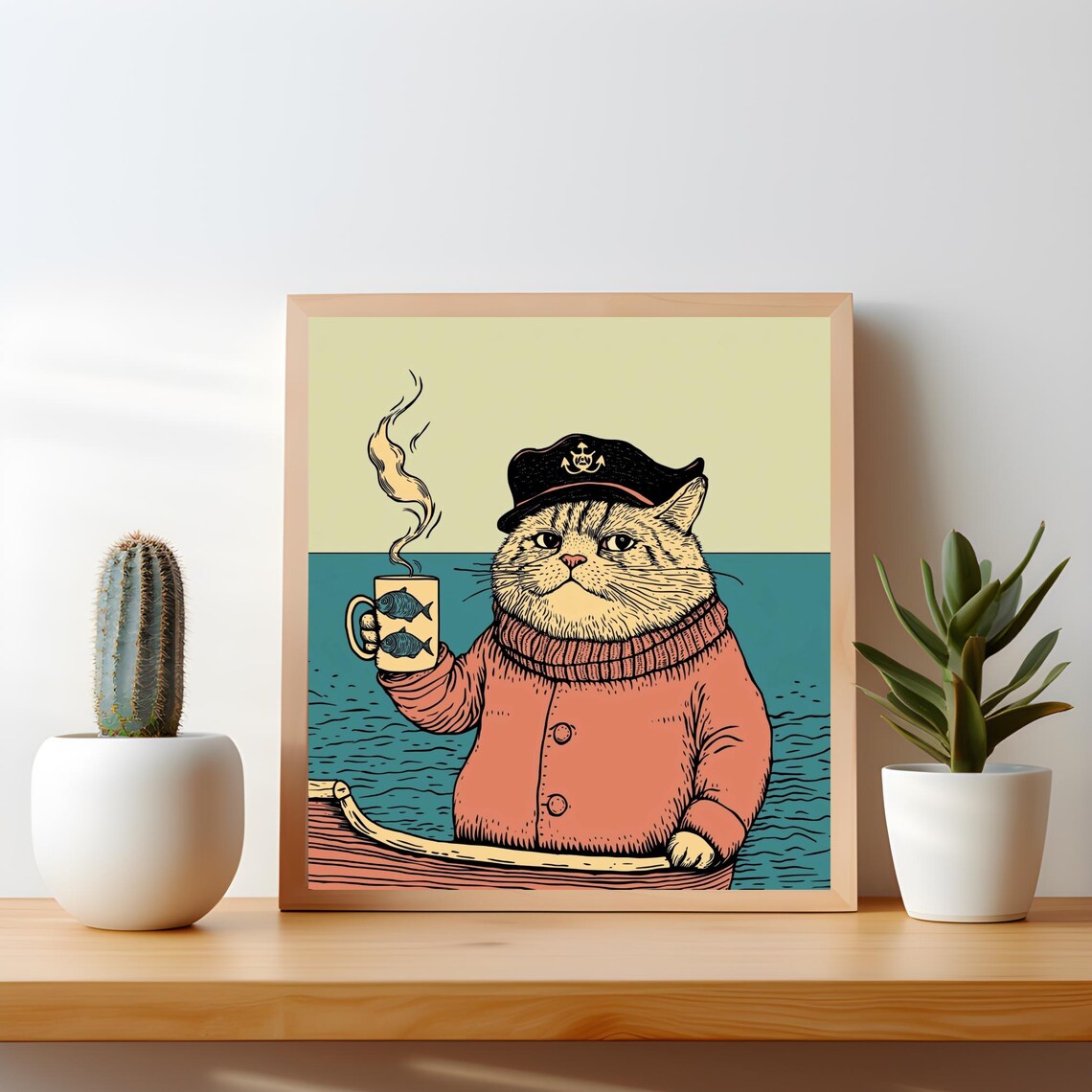 Sea Captain Cat Poster Quirky Nautical Coffee Art Print Funny Wall Decor