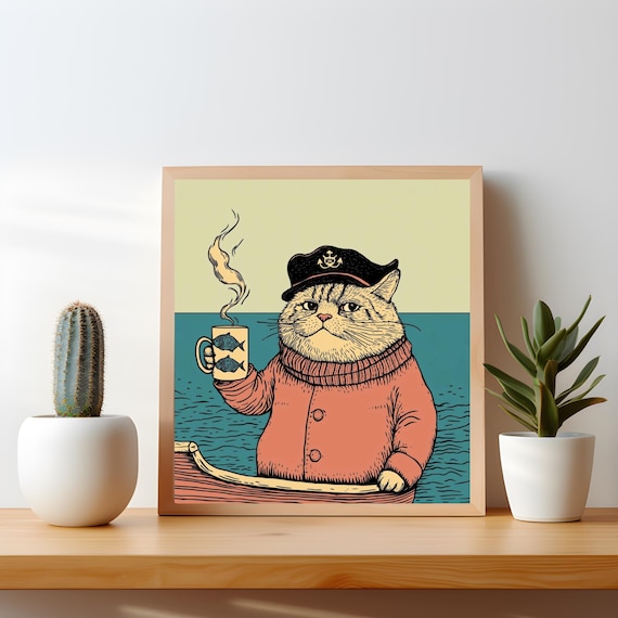 Sailor Cat Captain with Fish Mug Vintage Sea Illustration Poster