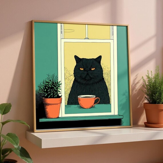 Black British Shorthair Cat At The Window With Coffee Poster