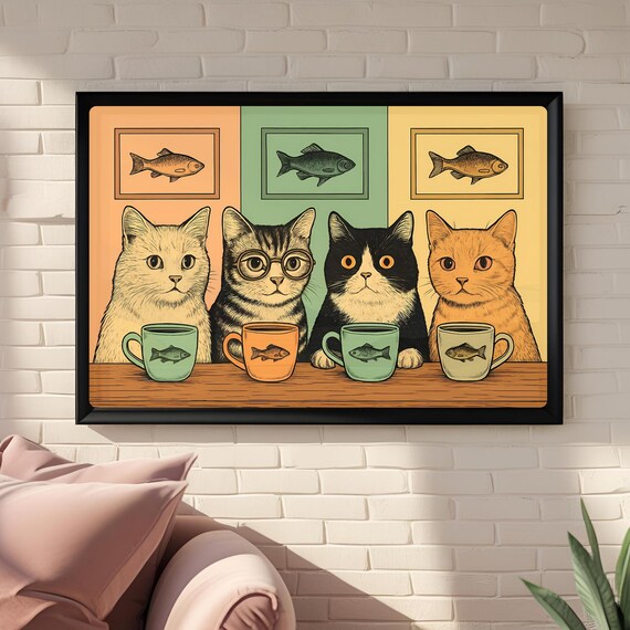 Four Funny Cats Coffee Club Fish Mugs Retro Kitchen Wall Poster