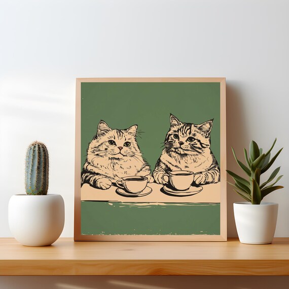 Two Fluffy Cats Drinking Tea Quirky Retro Green Cat Lovers Poster