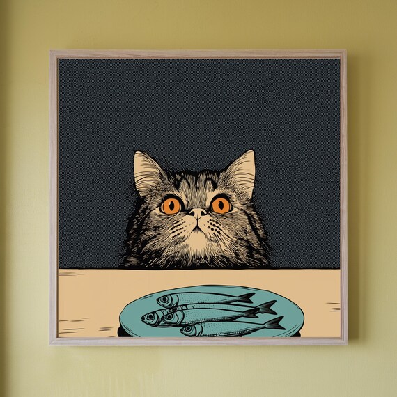 Hungry Tabby Cat Big Sardine Plate Funny Kitchen Square Poster