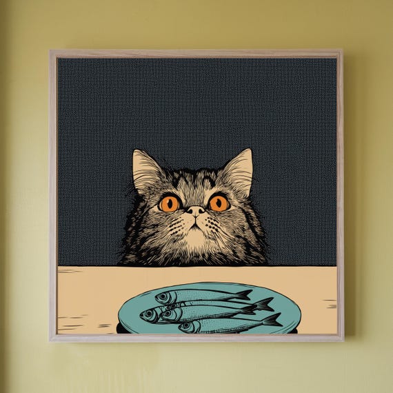 Quirky Tabby Cat And Sardines Poster Funny Retro Kitchen Wall Art Dining Room Print Cute Fish Decor Gifts For Lovers