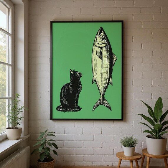 Fish Poster Retro Kitchen Wall Art Quirky Cat And Print Vintage Style Home Decor Pet Lover Gift Funny Animal For