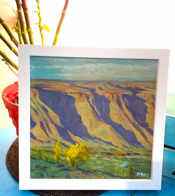 Original Oil Painting Of Majestic Mountain Shadows Framed Landscape Art 27x25 Cm Hand Painted On Panel Ready To Hang Violet Mountains