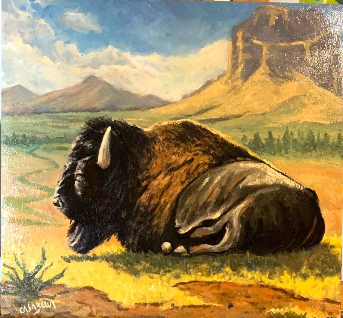 Majestic Bison Resting Western Prairie Mesa Landscape Oil Painting Wall Art
