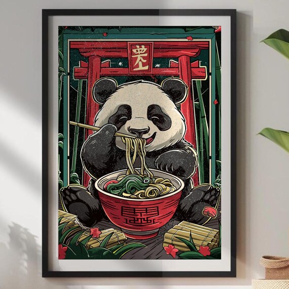 Vintage Panda Eating Ramen Noodles Poster Funny Cat Wall Art Kitchen Decor Japanese Inspired Print Unique Animal Lover Gift