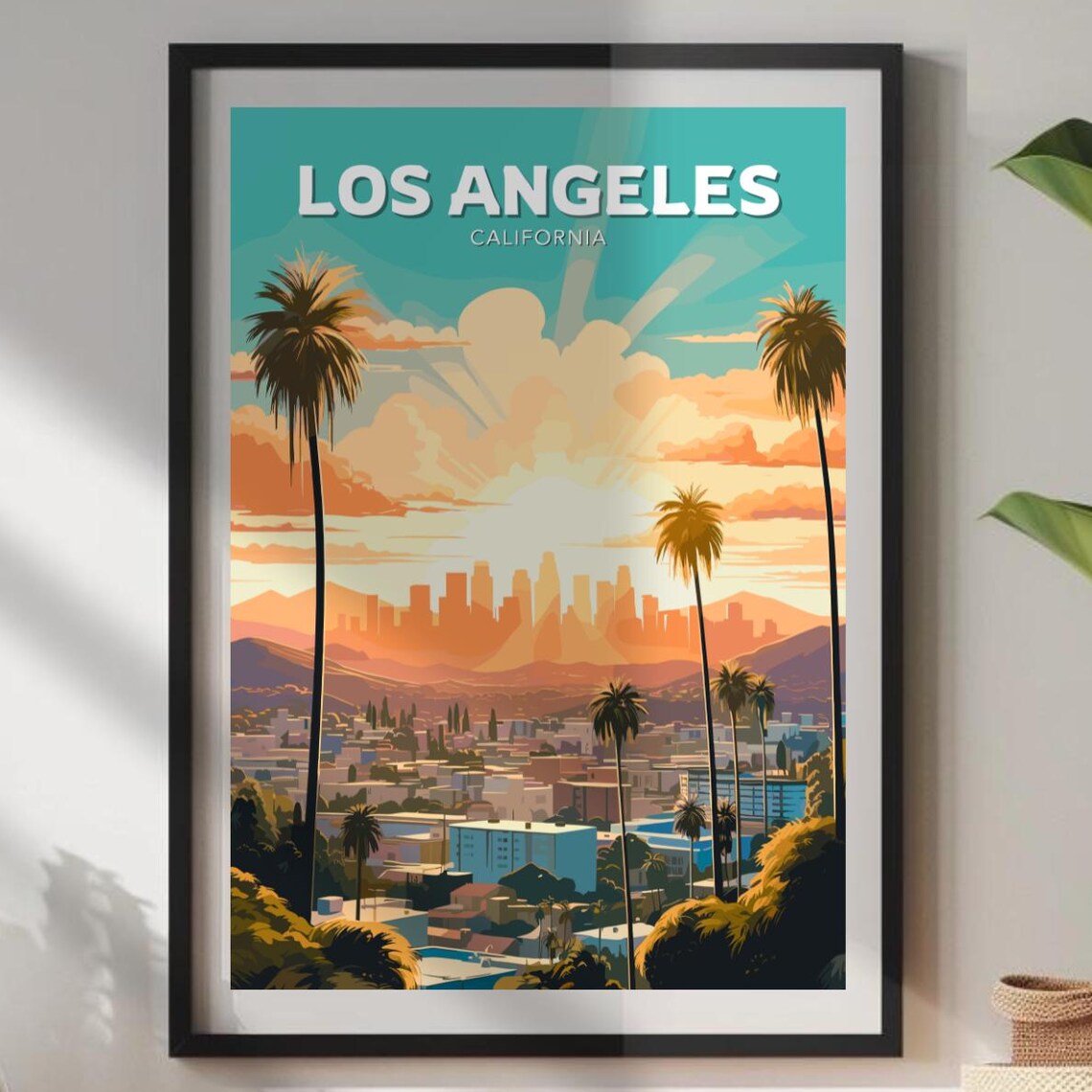 Los Angeles California Sunset Palm Trees City Skyline Travel Poster