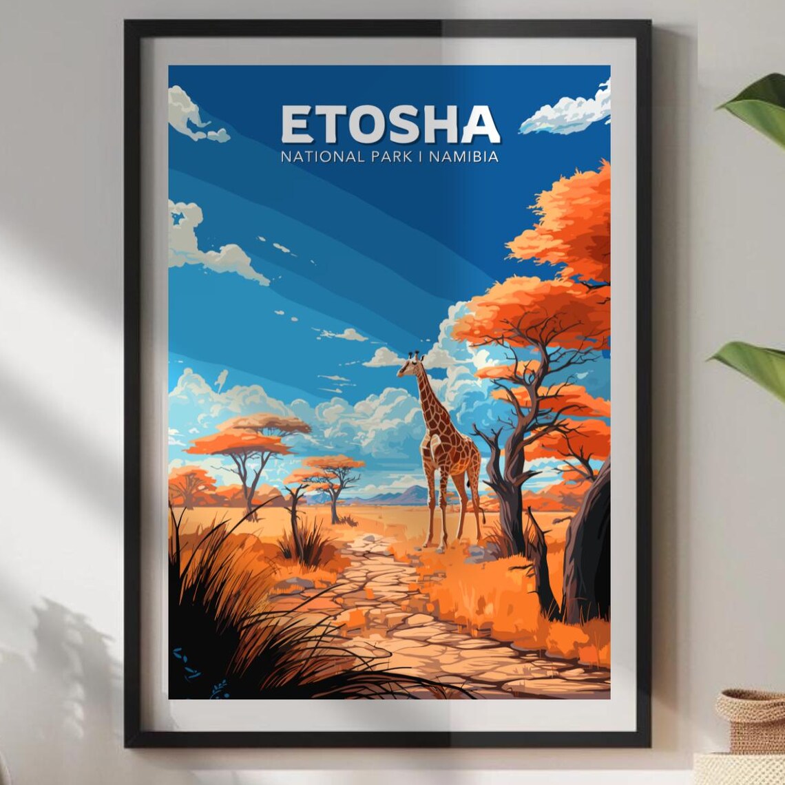Etosha National Park Namibia Giraffe Savanna Sunset Travel Poster
