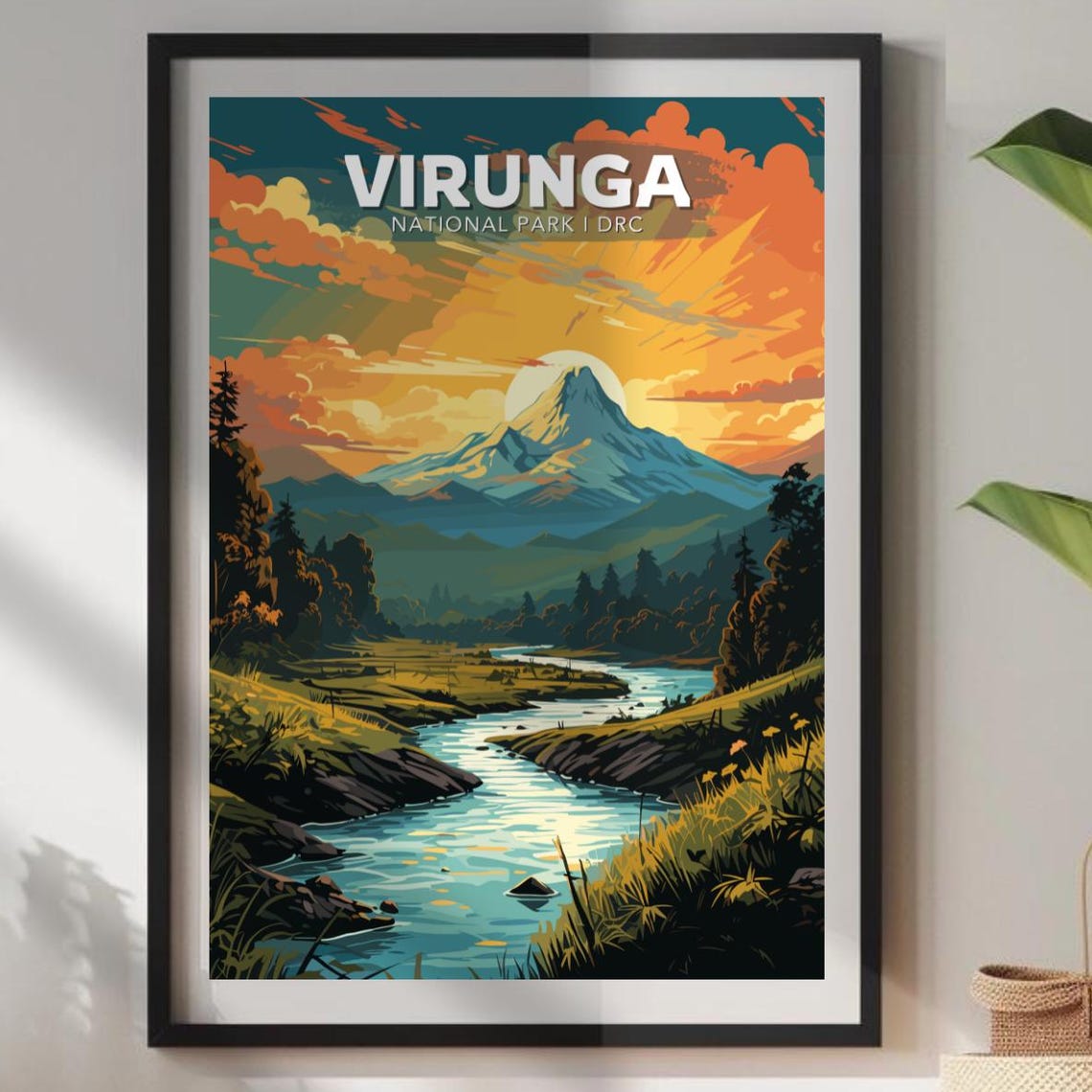Virunga National Park DRC Volcano Sunset River Travel Poster