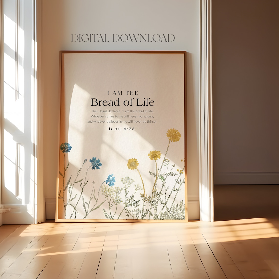John 6 35 I Am the Bread of Life Blue Yellow Wildflower Verse Poster - Image 3