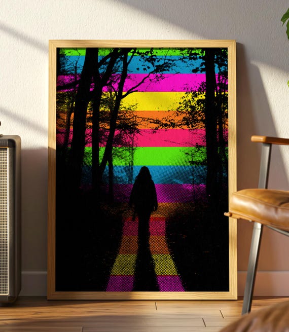 Neon Forest Walk Psychedelic Retro Art Silhouette Premium Matte Poster