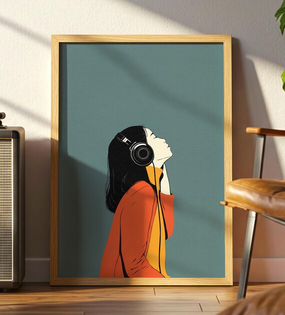 Modern Pop Art Woman Listening To Music Minimalist Lover Wall Premium Matte Paper