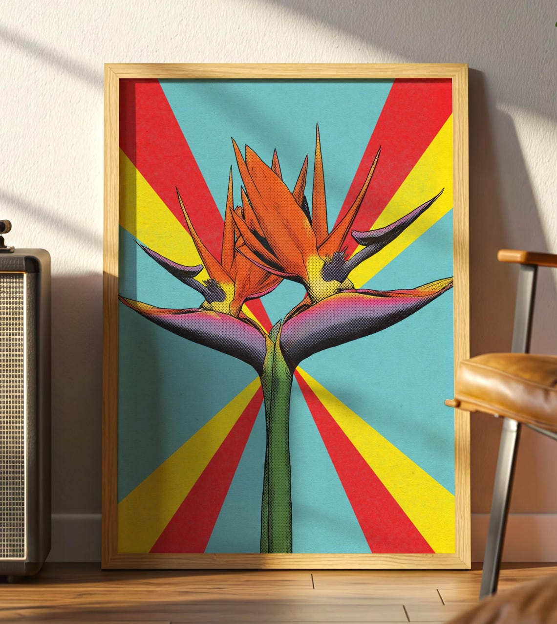 Bird Of Paradise Flower Pop Art Retro Botanical Sunburst Decor Poster