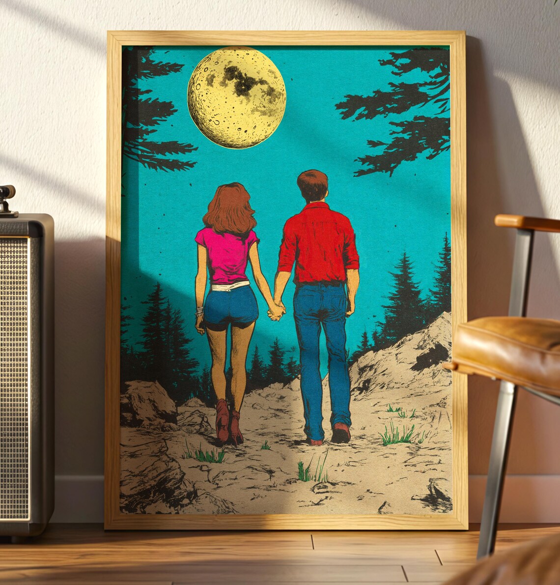 Vintage Retro Moonlit Hike Art Poster, 70s Style