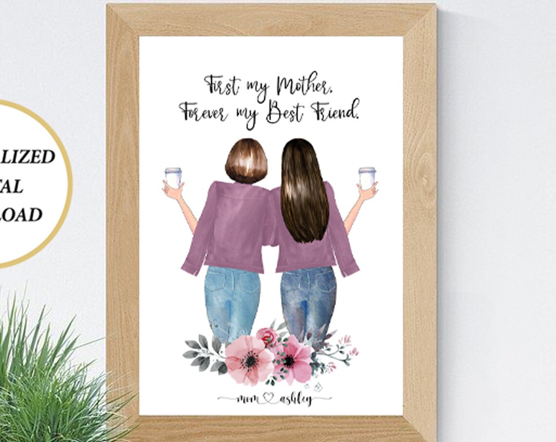 Custom Mother Daughter Coffee Portrait With Floral Detail Poster