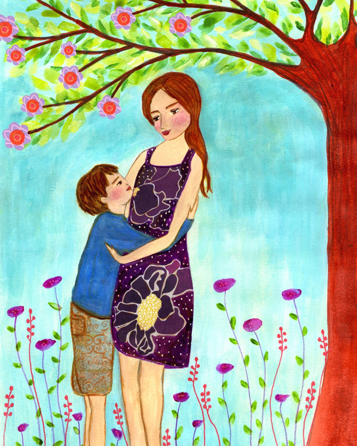 Mother and Son Sharing a Tender Hug Under a Blossom Tree Poster