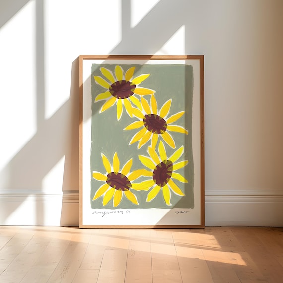 Hand Painted Yellow Sunflowers on Sage Green Poster Bold Floral Artwork
