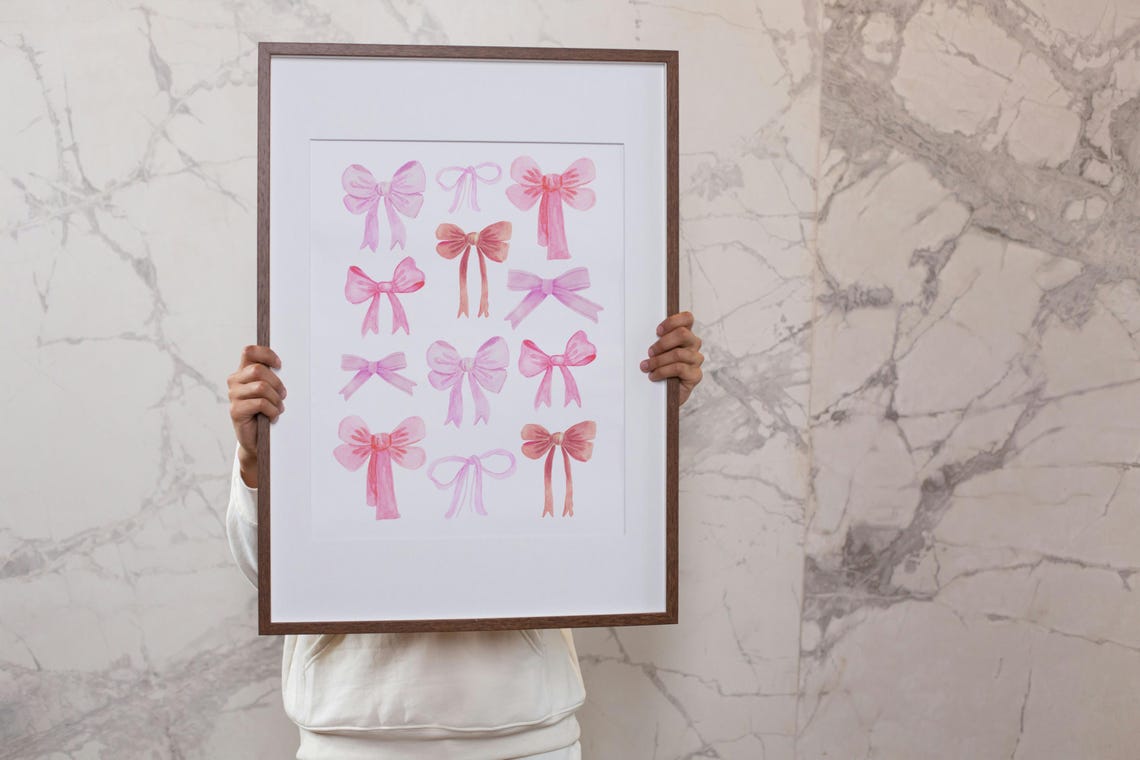 Pink Watercolor Ribbon Bows Grid Coquette Girls Bedroom Decor Poster - Image 4