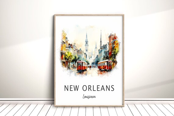 New Orleans Louisiana Travel Poster With Watercolor Streetcar Street Scene